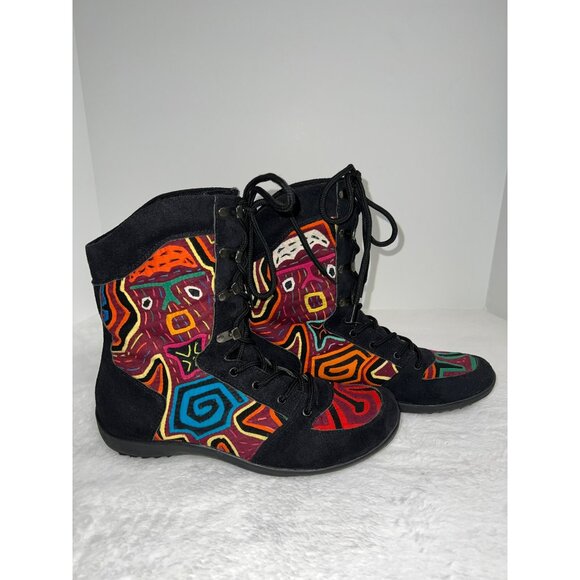 Handmade LaceUp Black Boots With Colorful Tribal Embroidered Design Womens Size8 - Picture 1 of 9
